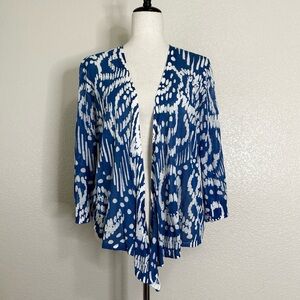 Chico's Blue White Stretch Knit Drapey Hem Open Front Cardigan, Sz Medium